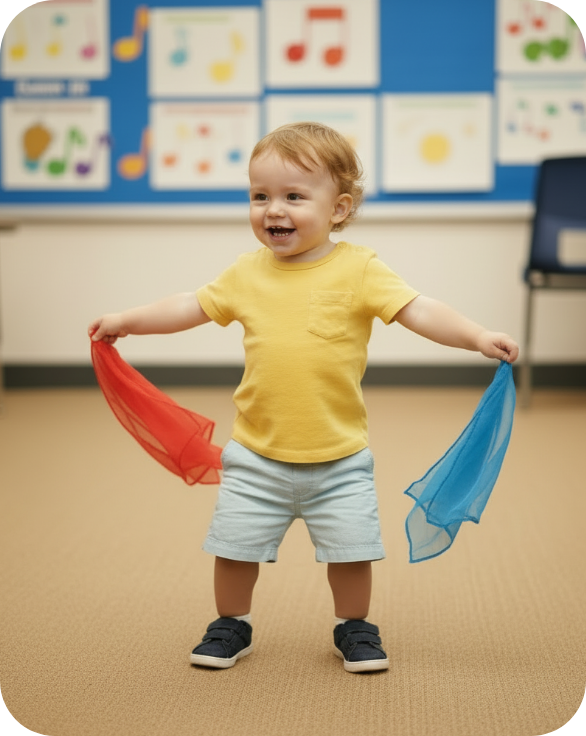 A smiling baby participating in a music class.